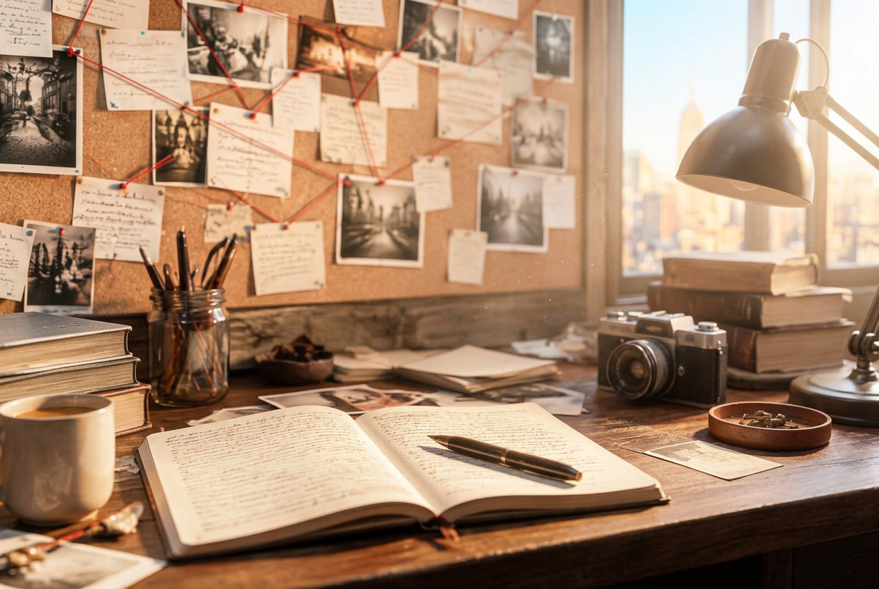 A writer's desk at night with notes and story cards